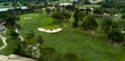 Elevated view of a palm-lined fairway and curved sand bunkers, with water and hills in the background.