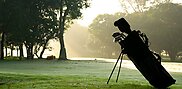 Golf bag on grass beside mature trees in low sunlight at Pattaya Country Club.